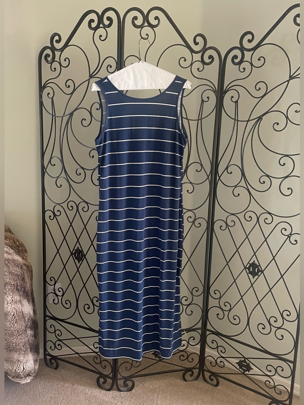 Sleeveless Smokey Navy & White Striped Maxi Dress